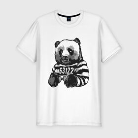 Мужская футболка хлопок Slim с принтом Задержанный панда в Санкт-Петербурге, 92% хлопок, 8% лайкра | приталенный силуэт, круглый вырез ворота, длина до линии бедра, короткий рукав | бандит | медведь | опасный | панда | преступник | хипстер | хулиган