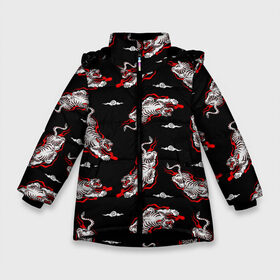 Зимняя куртка для девочек 3D с принтом Японский стиль - тигры в Санкт-Петербурге, ткань верха — 100% полиэстер; подклад — 100% полиэстер, утеплитель — 100% полиэстер. | длина ниже бедра, удлиненная спинка, воротник стойка и отстегивающийся капюшон. Есть боковые карманы с листочкой на кнопках, утяжки по низу изделия и внутренний карман на молнии. 

Предусмотрены светоотражающий принт на спинке, радужный светоотражающий элемент на пуллере молнии и на резинке для утяжки. | Тематика изображения на принте: арт | животные | облака | огонь | пламя | рисунок | стиль | тигр | японский