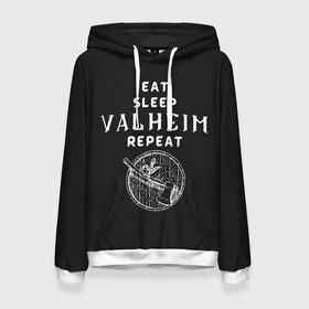 Женская толстовка 3D с принтом Eat Sleep Valheim Repeat в Санкт-Петербурге, 100% полиэстер  | двухслойный капюшон со шнурком для регулировки, мягкие манжеты на рукавах и по низу толстовки, спереди карман-кенгуру с мягким внутренним слоем. | elder | loki | odin | the | thor | valheim | биврёст | валхейм | вальхейм | викинги | всеотец | дракар | древний | древо | ётун | йотун | локи | мира | один | тор | фенир | хель | черный лес | эйктюр