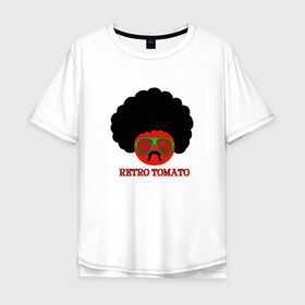 Мужская футболка хлопок Oversize с принтом Ретро томат в Санкт-Петербурге, 100% хлопок | свободный крой, круглый ворот, “спинка” длиннее передней части | Тематика изображения на принте: 80 е | afro | retro | tomato | афро | восьмидесятые | мучачос | помидор | ретро | томат