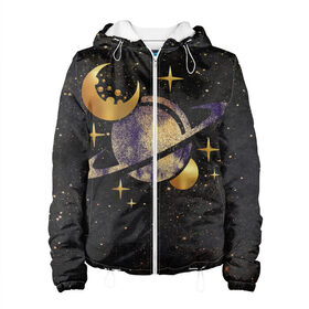 Женская куртка 3D с принтом Сатурн, луна, спутник и звезды в Санкт-Петербурге, ткань верха — 100% полиэстер, подклад — флис | прямой крой, подол и капюшон оформлены резинкой с фиксаторами, два кармана без застежек по бокам, один большой потайной карман на груди. Карман на груди застегивается на липучку | astronaut | cosmonaut | cosmos | earth | galaxy | moon | nasa | planet | saturn | space | star | universe | астрология | астронавт | вселенная | галактика | звезда | земля | компенсаторика | космонавт | космос | луна | марс | наса | нло | планета