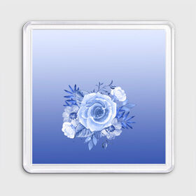 Магнит 55*55 с принтом Голубая роза акварель в Санкт-Петербурге, Пластик | Размер: 65*65 мм; Размер печати: 55*55 мм | Тематика изображения на принте: акварель | голубая | градиент | монрхром | природа | рисунок | роза | синий | цветок