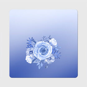 Магнит виниловый Квадрат с принтом Голубая роза акварель в Санкт-Петербурге, полимерный материал с магнитным слоем | размер 9*9 см, закругленные углы | Тематика изображения на принте: акварель | голубая | градиент | монрхром | природа | рисунок | роза | синий | цветок