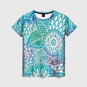 Женская футболка 3D с принтом цветочный узор в Санкт-Петербурге, 100% полиэфир ( синтетическое хлопкоподобное полотно) | прямой крой, круглый вырез горловины, длина до линии бедер | белый | бирюзовый | градиент | дудлинг | зеленый | рисунок | синий | узор | цветочный | цветы