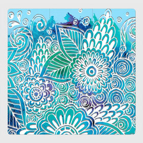 Магнитный плакат 3Х3 с принтом цветочный узор в Санкт-Петербурге, Полимерный материал с магнитным слоем | 9 деталей размером 9*9 см | белый | бирюзовый | градиент | дудлинг | зеленый | рисунок | синий | узор | цветочный | цветы