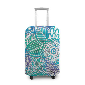 Чехол для чемодана 3D с принтом цветочный узор в Санкт-Петербурге, 86% полиэфир, 14% спандекс | двустороннее нанесение принта, прорези для ручек и колес | белый | бирюзовый | градиент | дудлинг | зеленый | рисунок | синий | узор | цветочный | цветы