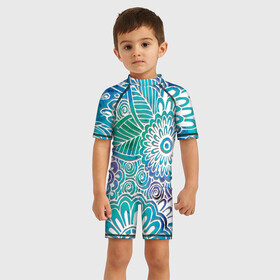 Детский купальный костюм 3D с принтом цветочный узор в Санкт-Петербурге, Полиэстер 85%, Спандекс 15% | застежка на молнии на спине | белый | бирюзовый | градиент | дудлинг | зеленый | рисунок | синий | узор | цветочный | цветы