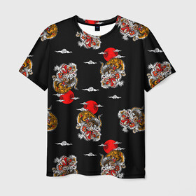 Мужская футболка 3D с принтом Японский стиль - тигры в Санкт-Петербурге, 100% полиэфир | прямой крой, круглый вырез горловины, длина до линии бедер | арт | животные | облака | огонь | пламя | рисунок | стиль | тигр | японский