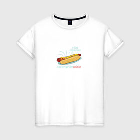 Женская футболка хлопок с принтом Я без сарказма как хот-дог в Санкт-Петербурге, 100% хлопок | прямой крой, круглый вырез горловины, длина до линии бедер, слегка спущенное плечо | еда | прикол | сосиска | хот дог | цитата | юмор