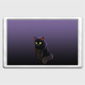 Магнит 45*70 с принтом черный кот на фиолетовом в Санкт-Петербурге, Пластик | Размер: 78*52 мм; Размер печати: 70*45 | cat | kitten | большие глаза | глазища | градиент | дьявол | кот | котейка | котик | кошка | мрачный | мяу | персонаж | рисунок | фиолетовый | черный | шерсть