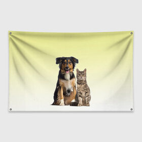 Флаг-баннер с принтом кошка и собака друзья в Санкт-Петербурге, 100% полиэстер | размер 67 х 109 см, плотность ткани — 95 г/м2; по краям флага есть четыре люверса для крепления | cat | kitten | вместе | домашние любимцы | друзья | животные | кот | котейка | котик | кошка | пес | собака | соседи
