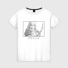 Женская футболка хлопок с принтом Гриффит в Санкт-Петербурге, 100% хлопок | прямой крой, круглый вырез горловины, длина до линии бедер, слегка спущенное плечо | berserk | griffith | аниме парень | длинные волосы | иероглифы | имя на японском | меч | черная рамка