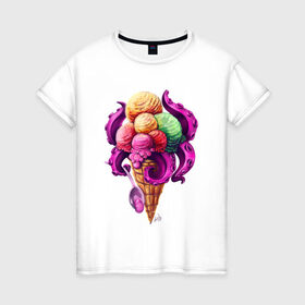 Женская футболка хлопок с принтом Монстро мороженное в Санкт-Петербурге, 100% хлопок | прямой крой, круглый вырез горловины, длина до линии бедер, слегка спущенное плечо | sweets | вкусняшка | монстры | мороженное | щупальца