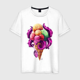 Мужская футболка хлопок с принтом Монстро мороженное в Санкт-Петербурге, 100% хлопок | прямой крой, круглый вырез горловины, длина до линии бедер, слегка спущенное плечо. | sweets | вкусняшка | монстры | мороженное | щупальца