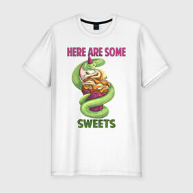 Мужская футболка хлопок Slim с принтом Змеиные ссссладости в Санкт-Петербурге, 92% хлопок, 8% лайкра | приталенный силуэт, круглый вырез ворота, длина до линии бедра, короткий рукав | snake | sweet | sweets | десерты | змея | сладкое