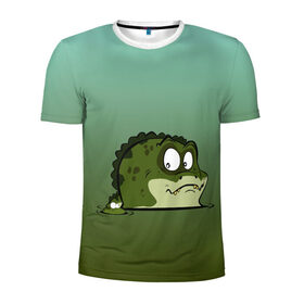 Мужская футболка 3D спортивная с принтом Неожиданный сосед в Санкт-Петербурге, 100% полиэстер с улучшенными характеристиками | приталенный силуэт, круглая горловина, широкие плечи, сужается к линии бедра | графика | дикий мир | животное | крокодил | лягушка | персонаж | природа | рисунок