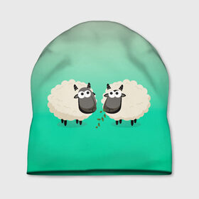 Шапка 3D с принтом две овечки пасутся на лугу в Санкт-Петербурге, 100% полиэстер | универсальный размер, печать по всей поверхности изделия | барашек | вектор | градиент | две | детский | друзья | коза | кудри | луг | милый | минимализм | нарисованный | овечка | овца | пара | пасутся | рисунок | ферма | шерсть
