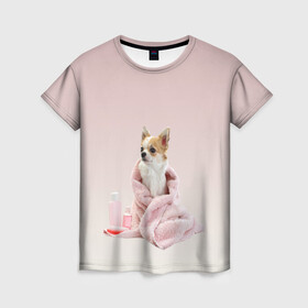 Женская футболка 3D с принтом собачка полотенце процедуры  в Санкт-Петербурге, 100% полиэфир ( синтетическое хлопкоподобное полотно) | прямой крой, круглый вырез горловины, длина до линии бедер | ванна | выходной | градиент | душ | забота и теле | любовь к себе | мини собака | полотенце | процедуры | розовый | собака | собачка | спа | уход | чихуахуа | чихуашка | щенок