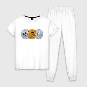 Женская пижама хлопок с принтом БИТКОИН ЭФИРИУМ РИПЛ в Санкт-Петербурге, 100% хлопок | брюки и футболка прямого кроя, без карманов, на брюках мягкая резинка на поясе и по низу штанин | Тематика изображения на принте: bitcoin | blockchain | btc | cardano | crypto | ethereum | polkadot | tether | xrp | бинанс | биткоин | блокчейн | валюта | деньги | криптовалюта | майнер | майнинг | цифровая валюта | цифровое золото | эфир