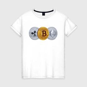 Женская футболка хлопок с принтом БИТКОИН ЭФИРИУМ РИПЛ в Санкт-Петербурге, 100% хлопок | прямой крой, круглый вырез горловины, длина до линии бедер, слегка спущенное плечо | bitcoin | blockchain | btc | cardano | crypto | ethereum | polkadot | tether | xrp | бинанс | биткоин | блокчейн | валюта | деньги | криптовалюта | майнер | майнинг | цифровая валюта | цифровое золото | эфир