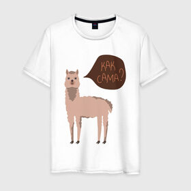 Мужская футболка хлопок с принтом Лама с вопросом Как сама? в Санкт-Петербурге, 100% хлопок | прямой крой, круглый вырез горловины, длина до линии бедер, слегка спущенное плечо. | альпака | животное | лама