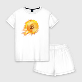 Женская пижама с шортиками хлопок с принтом БИТКОИН ОГОНЬ (ВВЕРХ)  в Санкт-Петербурге, 100% хлопок | футболка прямого кроя, шорты свободные с широкой мягкой резинкой | Тематика изображения на принте: bitcoin | blockchain | btc | cardano | crypto | ethereum | polkadot | tether | xrp | бинанс | биткоин | блокчейн | валюта | деньги | криптовалюта | майнер | майнинг | цифровая валюта | цифровое золото | эфир