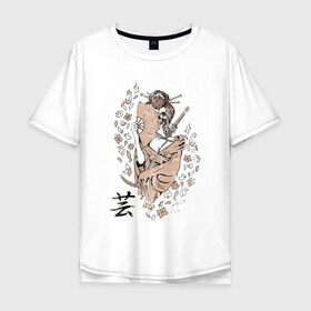 Мужская футболка хлопок Oversize с принтом Deadly Geisha в Санкт-Петербурге, 100% хлопок | свободный крой, круглый ворот, “спинка” длиннее передней части | Тематика изображения на принте: восток | самурай | череп | япония
