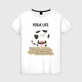 Женская футболка хлопок с принтом Yoga Life в Санкт-Петербурге, 100% хлопок | прямой крой, круглый вырез горловины, длина до линии бедер, слегка спущенное плечо | yoga | здоровье | йога | кот | прикол | спорт