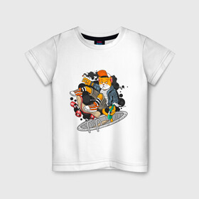 Детская футболка хлопок с принтом Кот скейтер в Санкт-Петербурге, 100% хлопок | круглый вырез горловины, полуприлегающий силуэт, длина до линии бедер | Тематика изображения на принте: доска | кеды | кот | скейтер | спорт | хипстер