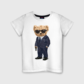 Детская футболка хлопок с принтом Мишка шпион в Санкт-Петербурге, 100% хлопок | круглый вырез горловины, полуприлегающий силуэт, длина до линии бедер | агент | костюм | крутой | мишка | очки | пистолет | плюшевый | смокинг | шпион