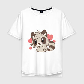 Мужская футболка хлопок Oversize с принтом влюбленный енотик в Санкт-Петербурге, 100% хлопок | свободный крой, круглый ворот, “спинка” длиннее передней части | влюбленный | енот | енотик | животные | зверушка | картинка | любовь | мило | рисунок | сердечки