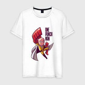 Мужская футболка хлопок с принтом герой Сайтама комикс в Санкт-Петербурге, 100% хлопок | прямой крой, круглый вырез горловины, длина до линии бедер, слегка спущенное плечо. | аниме | герой | комикс | костюм | лысый | надпись | плащ | полет | сайтама | супергерой | фан арт | фанарт | человек один удар | чиби