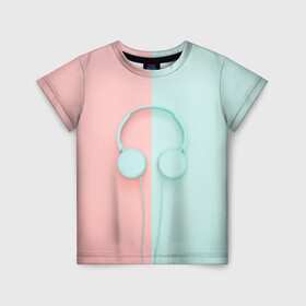 Детская футболка 3D с принтом Наушники и два цвета в Санкт-Петербурге, 100% гипоаллергенный полиэфир | прямой крой, круглый вырез горловины, длина до линии бедер, чуть спущенное плечо, ткань немного тянется | minimalism | два фона | минимализм | наушники | яркие цвета