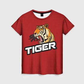 Женская футболка 3D с принтом Тигр в Санкт-Петербурге, 100% полиэфир ( синтетическое хлопкоподобное полотно) | прямой крой, круглый вырез горловины, длина до линии бедер | дикий | добыча | животное | лес | тигр | хищник