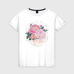 Женская футболка хлопок с принтом Пионы в Санкт-Петербурге, 100% хлопок | прямой крой, круглый вырез горловины, длина до линии бедер, слегка спущенное плечо | flo | flowers | растения | флористика | цветение | цветы