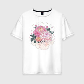 Женская футболка хлопок Oversize с принтом Пионы в Санкт-Петербурге, 100% хлопок | свободный крой, круглый ворот, спущенный рукав, длина до линии бедер
 | flo | flowers | растения | флористика | цветение | цветы