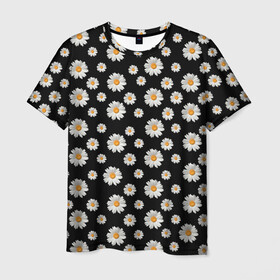 Мужская футболка 3D с принтом Ромашки на чёрном в Санкт-Петербурге, 100% полиэфир | прямой крой, круглый вырез горловины, длина до линии бедер | бабочки | лето | природа | рома | ромашка | ромашки | цветочки | цветы