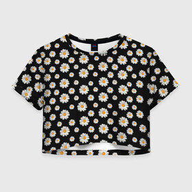 Женская футболка Crop-top 3D с принтом Ромашки на чёрном в Санкт-Петербурге, 100% полиэстер | круглая горловина, длина футболки до линии талии, рукава с отворотами | бабочки | лето | природа | рома | ромашка | ромашки | цветочки | цветы
