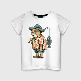 Детская футболка хлопок с принтом Котан рыбак в Санкт-Петербурге, 100% хлопок | круглый вырез горловины, полуприлегающий силуэт, длина до линии бедер | кот | лето | рубашка | рыба | удочка | хипстер | шлепанцы | шорты