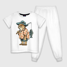 Детская пижама хлопок с принтом Котан рыбак в Санкт-Петербурге, 100% хлопок |  брюки и футболка прямого кроя, без карманов, на брюках мягкая резинка на поясе и по низу штанин
 | кот | лето | рубашка | рыба | удочка | хипстер | шлепанцы | шорты