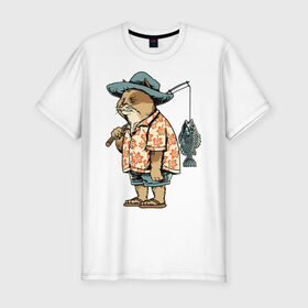 Мужская футболка хлопок Slim с принтом Котан рыбак в Санкт-Петербурге, 92% хлопок, 8% лайкра | приталенный силуэт, круглый вырез ворота, длина до линии бедра, короткий рукав | Тематика изображения на принте: кот | лето | рубашка | рыба | удочка | хипстер | шлепанцы | шорты