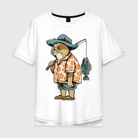 Мужская футболка хлопок Oversize с принтом Котан рыбак в Санкт-Петербурге, 100% хлопок | свободный крой, круглый ворот, “спинка” длиннее передней части | Тематика изображения на принте: кот | лето | рубашка | рыба | удочка | хипстер | шлепанцы | шорты