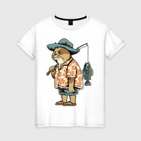 Женская футболка хлопок с принтом Котан рыбак в Санкт-Петербурге, 100% хлопок | прямой крой, круглый вырез горловины, длина до линии бедер, слегка спущенное плечо | кот | лето | рубашка | рыба | удочка | хипстер | шлепанцы | шорты