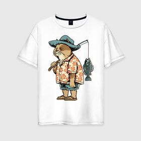 Женская футболка хлопок Oversize с принтом Котан рыбак в Санкт-Петербурге, 100% хлопок | свободный крой, круглый ворот, спущенный рукав, длина до линии бедер
 | кот | лето | рубашка | рыба | удочка | хипстер | шлепанцы | шорты