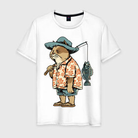 Мужская футболка хлопок с принтом Котан рыбак в Санкт-Петербурге, 100% хлопок | прямой крой, круглый вырез горловины, длина до линии бедер, слегка спущенное плечо. | кот | лето | рубашка | рыба | удочка | хипстер | шлепанцы | шорты