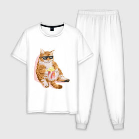 Мужская пижама хлопок с принтом Ленивый кот в Санкт-Петербурге, 100% хлопок | брюки и футболка прямого кроя, без карманов, на брюках мягкая резинка на поясе и по низу штанин
 | корн | кот | ленивый | очки | поп | попкорн | хипстер