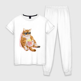 Женская пижама хлопок с принтом Ленивый кот в Санкт-Петербурге, 100% хлопок | брюки и футболка прямого кроя, без карманов, на брюках мягкая резинка на поясе и по низу штанин | корн | кот | ленивый | очки | поп | попкорн | хипстер