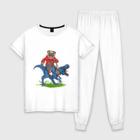 Женская пижама хлопок с принтом Мопс на динозавре в Санкт-Петербурге, 100% хлопок | брюки и футболка прямого кроя, без карманов, на брюках мягкая резинка на поясе и по низу штанин | дикий | динозавр | кеды | мопс | собака | тирекс | хипстер