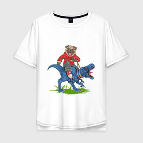 Мужская футболка хлопок Oversize с принтом Мопс на динозавре в Санкт-Петербурге, 100% хлопок | свободный крой, круглый ворот, “спинка” длиннее передней части | дикий | динозавр | кеды | мопс | собака | тирекс | хипстер