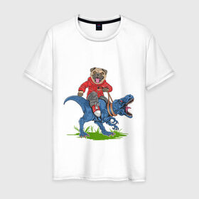 Мужская футболка хлопок с принтом Мопс на динозавре в Санкт-Петербурге, 100% хлопок | прямой крой, круглый вырез горловины, длина до линии бедер, слегка спущенное плечо. | дикий | динозавр | кеды | мопс | собака | тирекс | хипстер